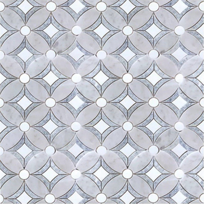 Carrara, Thassos and Argentina Blue Marble Waterjet Mosaic Tile in Tatius - TileBuys