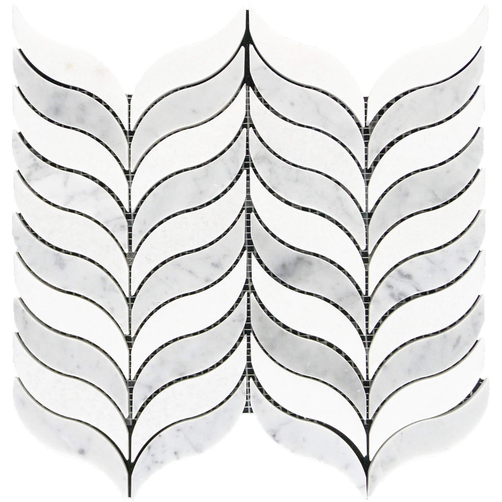 Carrara & Thassos Marble Feather Leaf Mosaic Tile in Tranquil Grace Wings - TileBuys