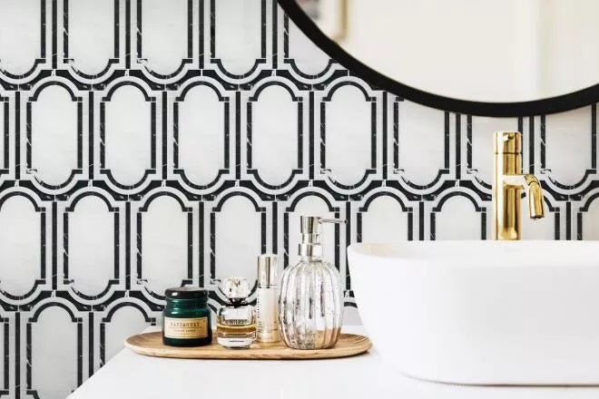 Carrara Venato and Nero Black Marble Window Medallion Waterjet Mosaic Tile - TileBuys