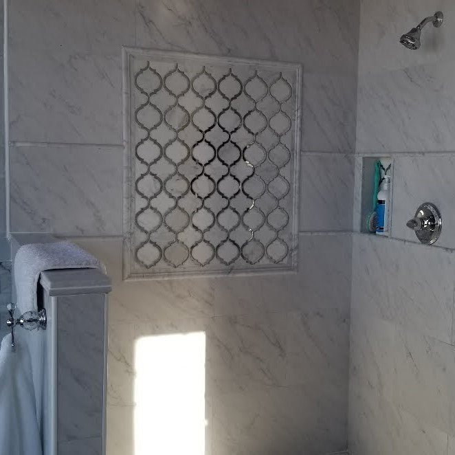 Carrara Venato Marble and Antique Mirror Glass Arabesque Mosaic Tile - TileBuys