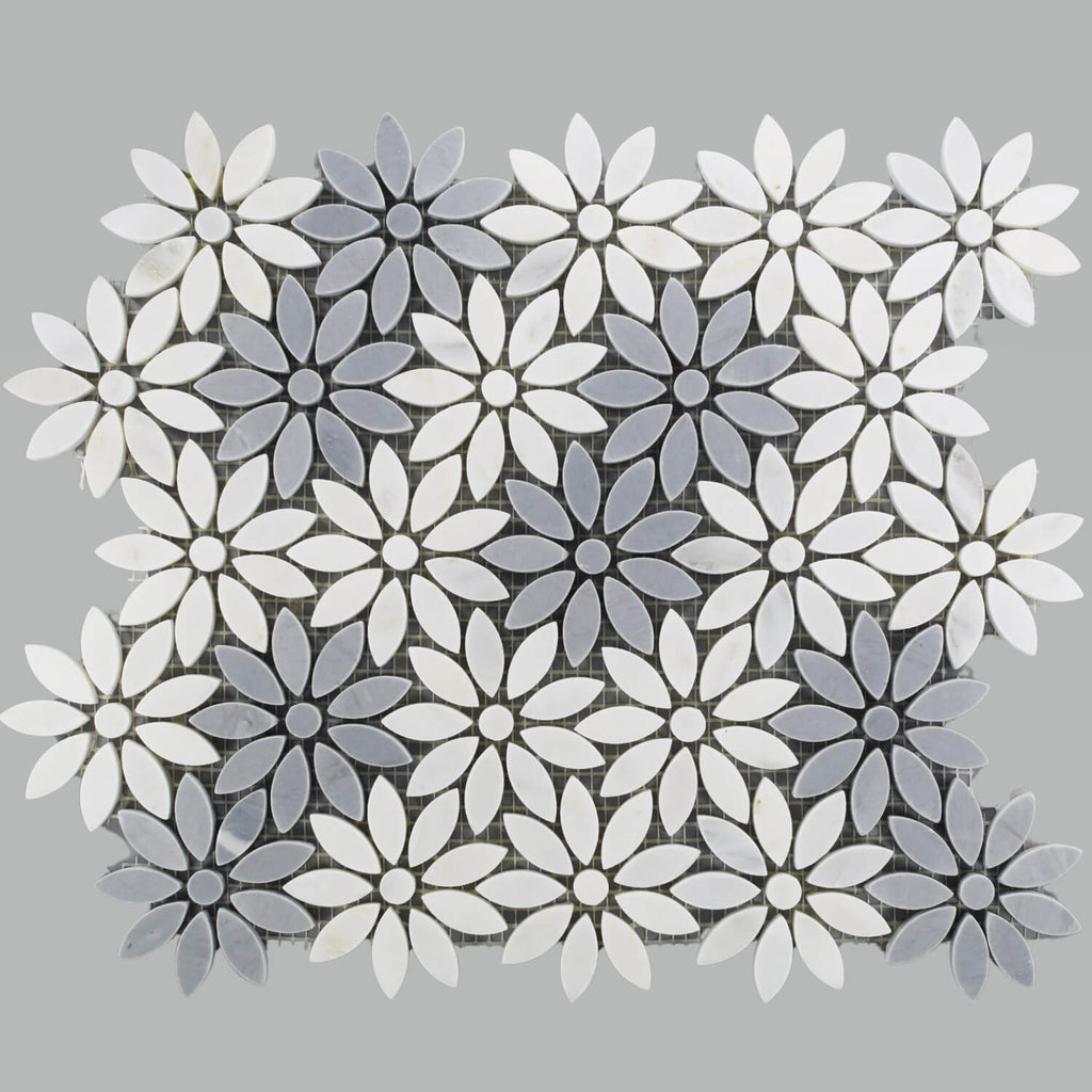 White and Gray Marble Daisy Flower Tile on Gray Background