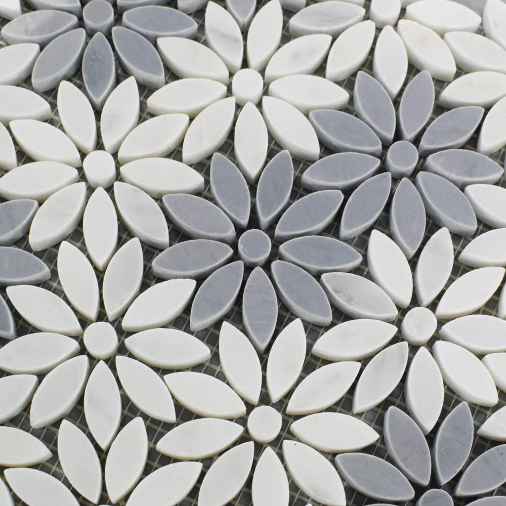 White and Gray Marble Daisy Tile Closeup