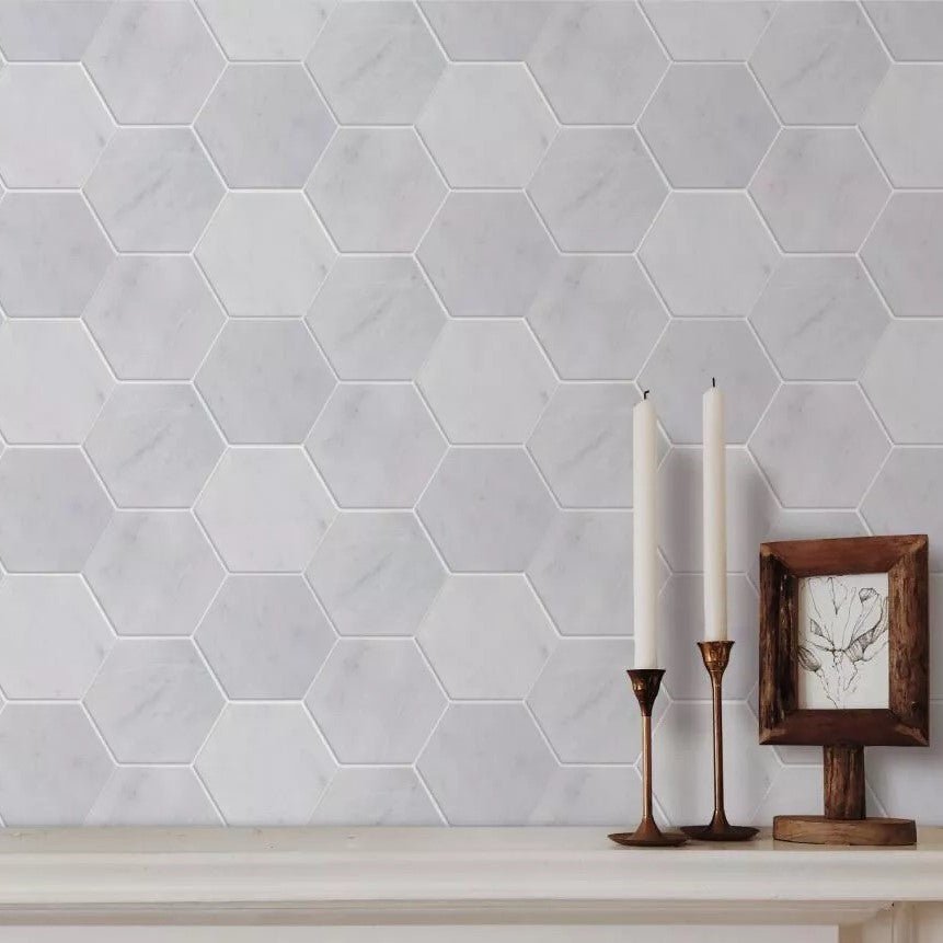 Carrara Venato Marble Mosaic Tile in 6” Hexagons Pattern - Polished or Honed - TileBuys