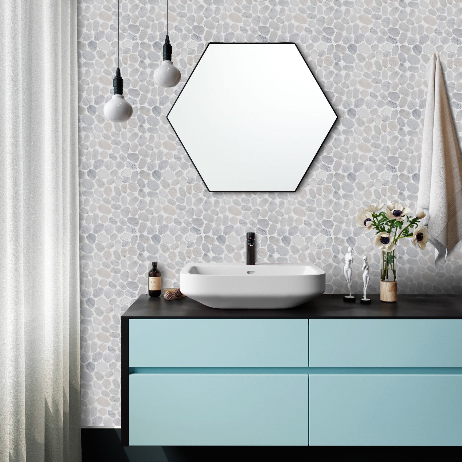 Carrara White Marble - Flat Pebble Pattern Mosaic Tiles for Bathroom Floors - TileBuys