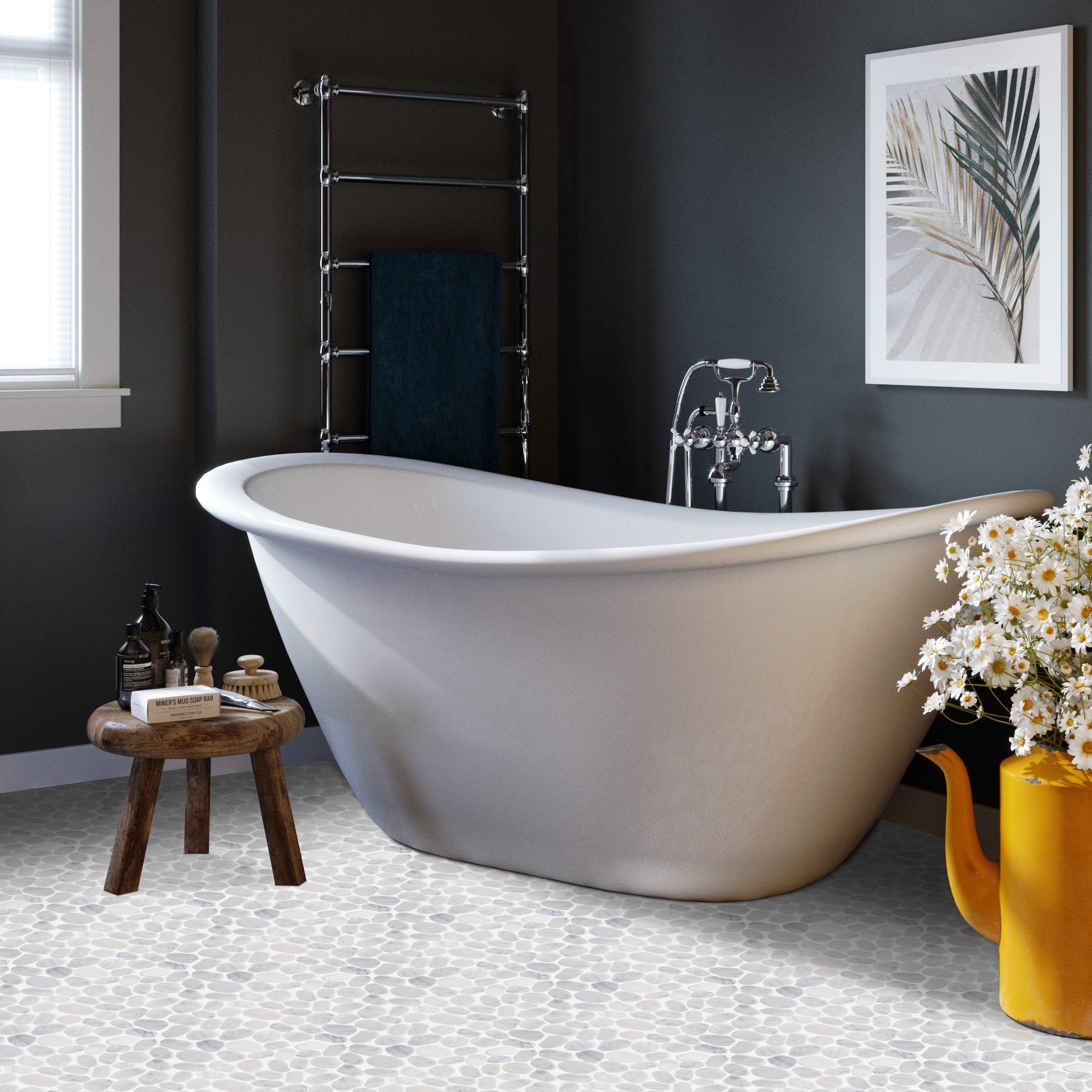Carrara White Marble - Flat Pebble Pattern Mosaic Tiles for Bathroom Floors - TileBuys