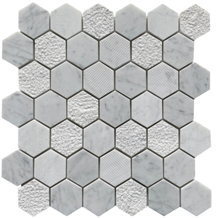 Carrara White Marble Textured 2" Hexagon Mosaic Tile