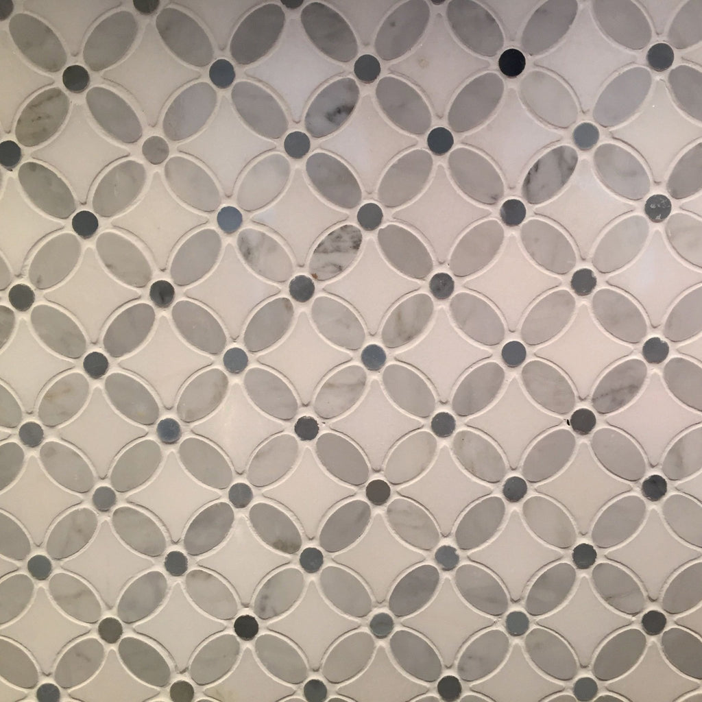 Carrara White, Milano Grey and White Thassos Marble Mosaic Tile in Glacier Garden