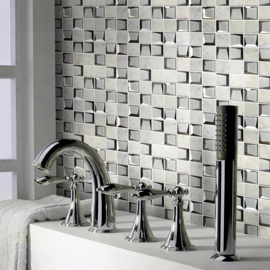 Bianco Carrara Marble and Glass Modern Cube 3D Mosaic Tile Wall Behind Tub with Roman Faucet