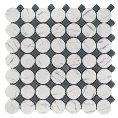 Matte White and Gray Glass Circle Round Mosaic Tile with Blue Accent Dot