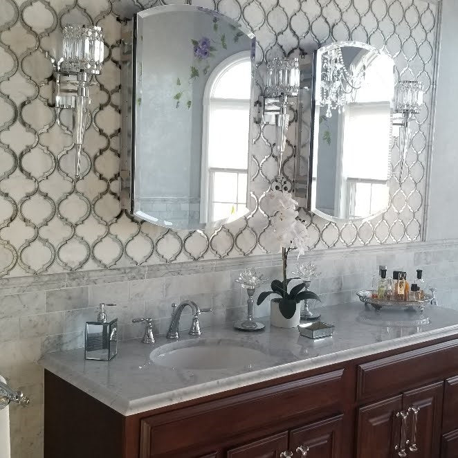 Carrara Venato Marble and Antique Mirror Glass Arabesque Mosaic Tile