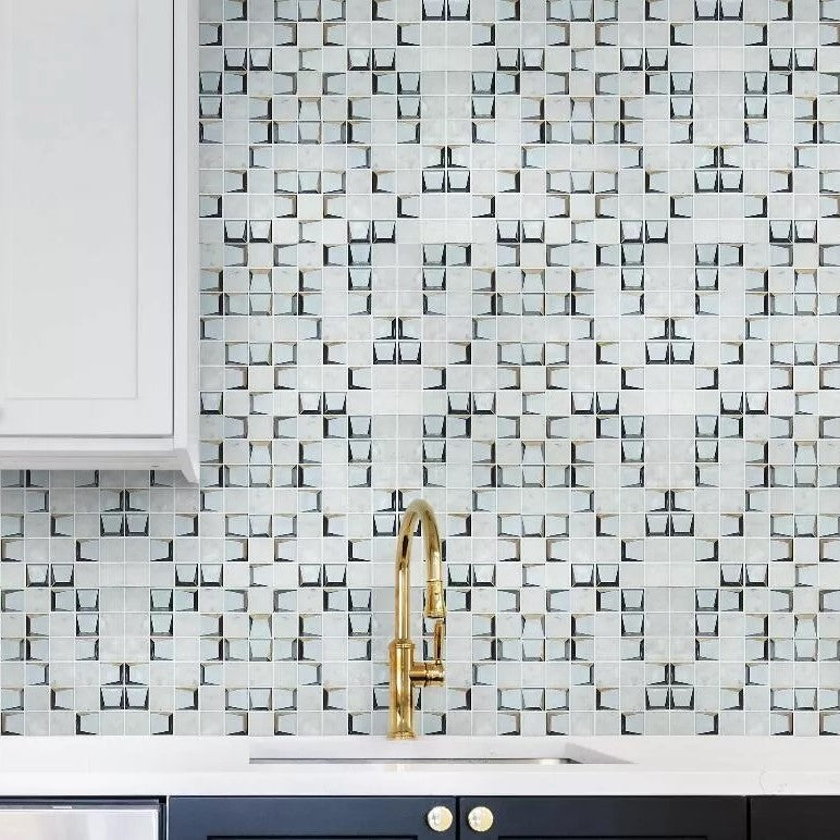 Bianco Carrara Marble and Glass Modern Cube 3D Mosaic Tile Kitchen Backsplash