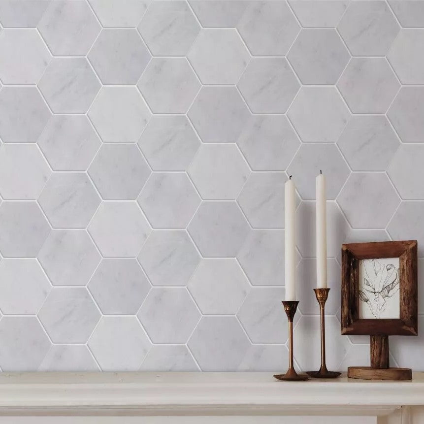 Carrara Venato Marble Mosaic Tile in 6” Hexagons Pattern - Polished or Honed