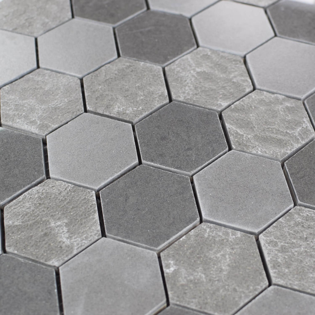 Closeup of Multi Finish Porcelain Charcoal Gray Hexagon Mosaic Tile