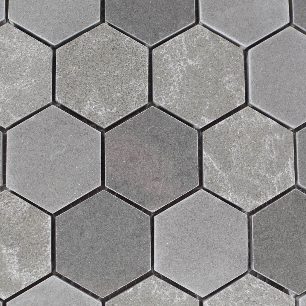 Closeup of Multi Finish Porcelain Charcoal Gray Hexagon Mosaic Tile
