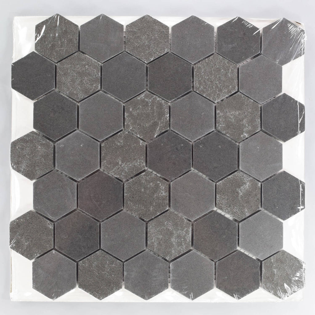 Multi Finish Porcelain Charcoal Gray Hexagon Mosaic Tile in Packaging