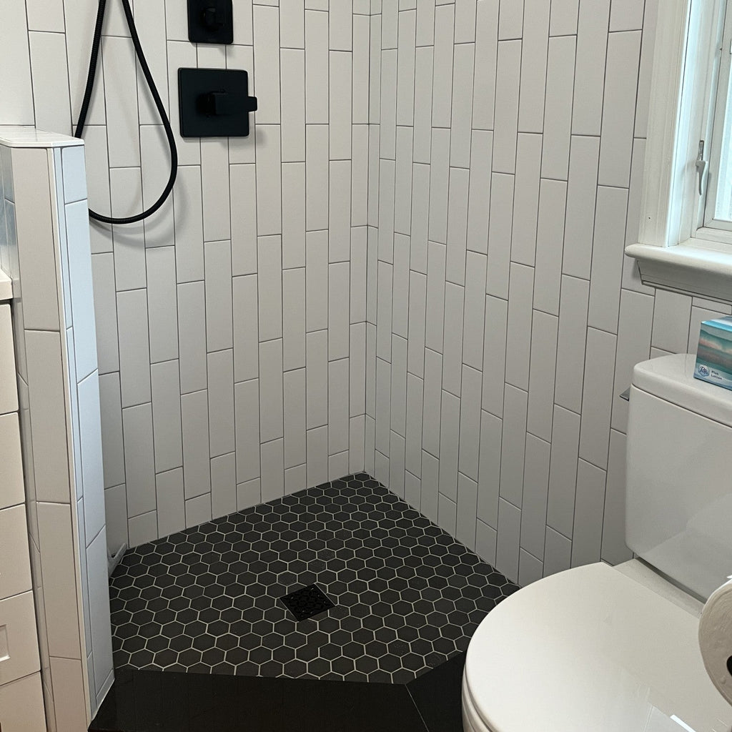 Multi Finish Porcelain Charcoal Gray Hexagon Mosaic Tile Shower Floor