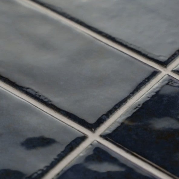 Closeup of Marine Blue 2x8 Ceramic Subway Tiles