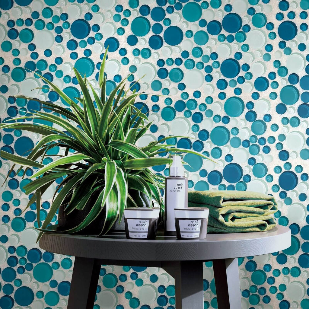 Coastal Bubbles Blue + Green Glass Mosaic Penny Circle Round Tile