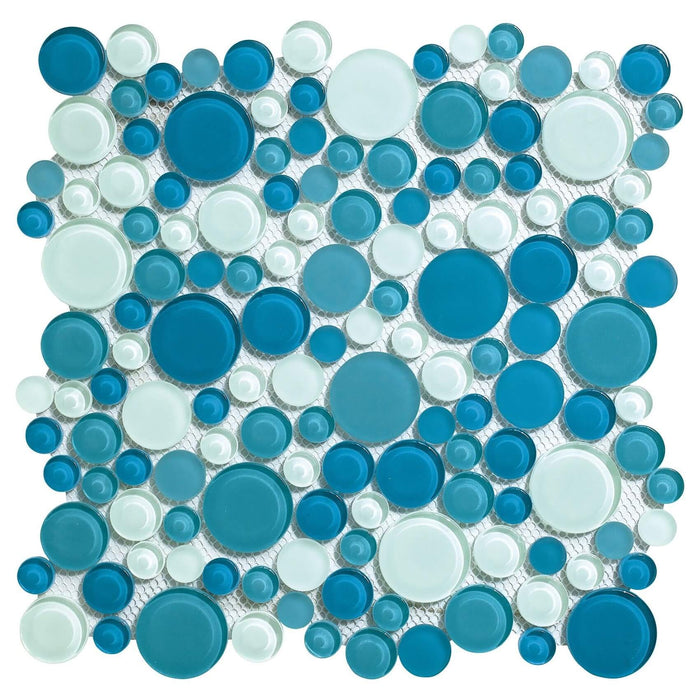 Coastal Bubbles Blue + Green Glass Mosaic Penny Circle Round Tile