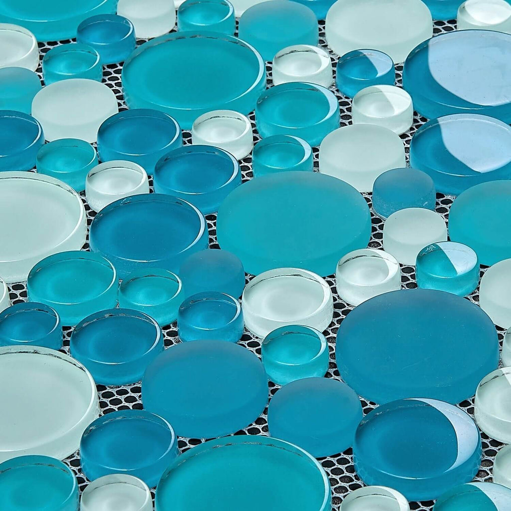 Coastal Bubbles Blue + Green Glass Mosaic Penny Circle Round Tile