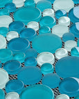 Coastal Bubbles Blue + Green Glass Mosaic Penny Circle Round Tile - TileBuys