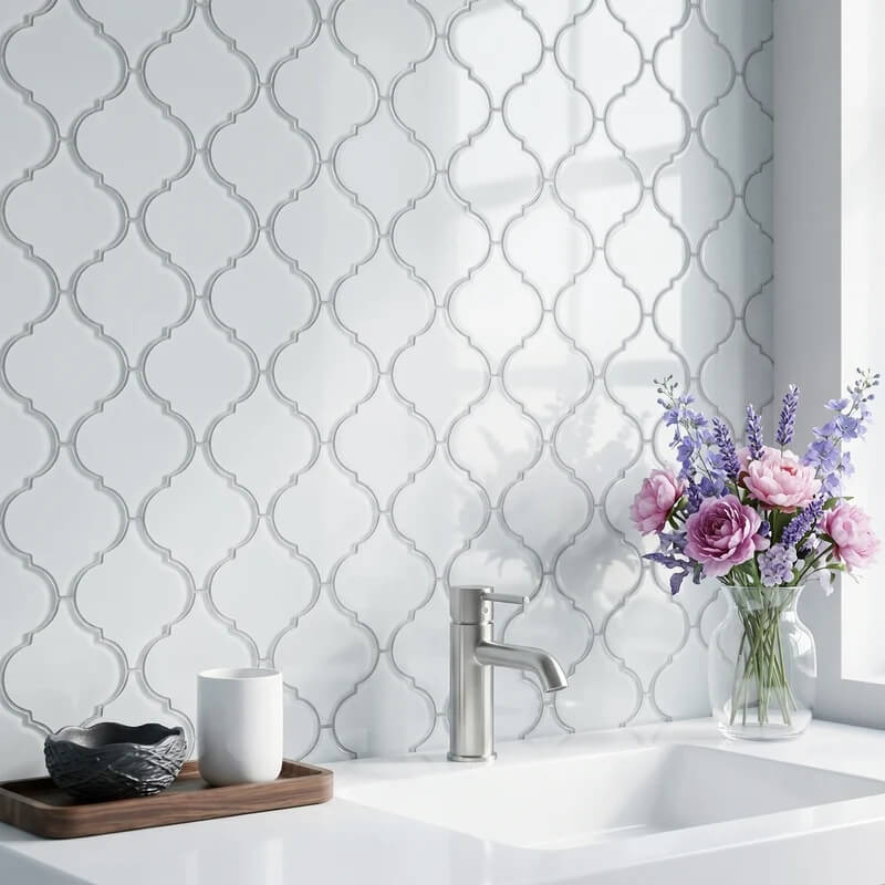 Coastal White Frosted Glass Arabesque Lanterns Mosaic Tile Bathroom Backsplash