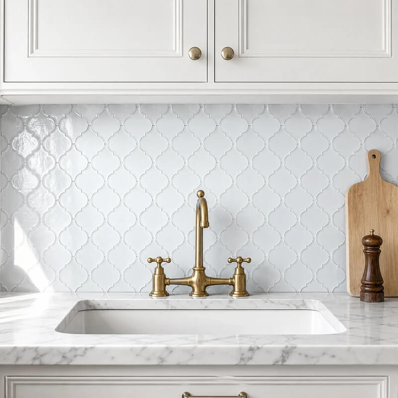 Coastal White Frosted Glass Arabesque Lanterns Mosaic Tile Kitchen Backsplash