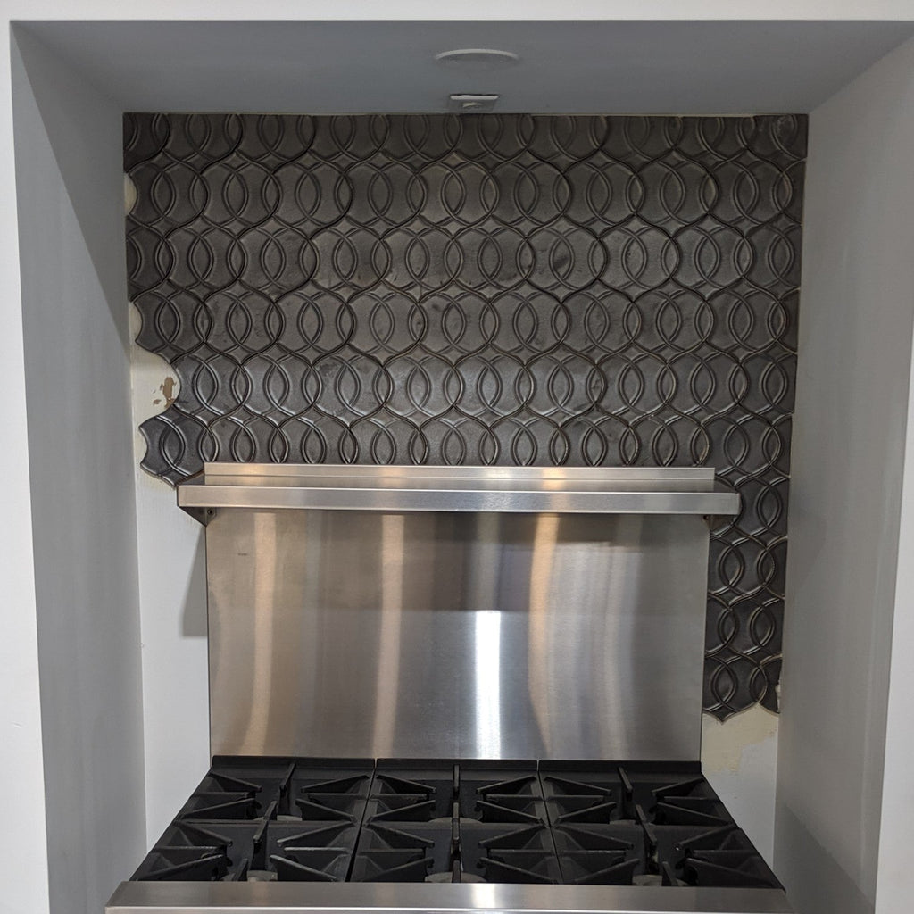Dark Bronze Textured Porcelain Arabesque Mosaic Tile Stove Backsplash