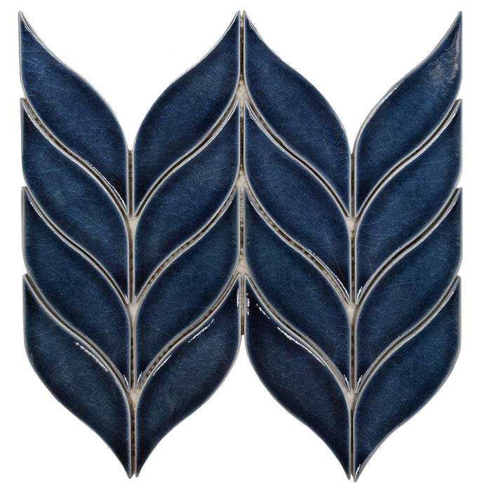 Glossy Ceramic Dark Navy Blue Leaf Mosaic Tile
