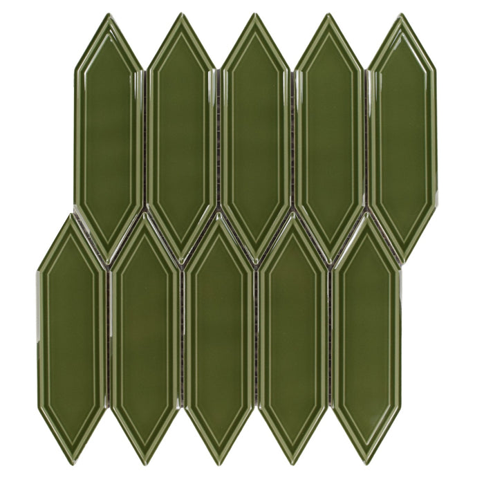 Glossy Dark Olive Green Ceramic Picket Tile Backsplash