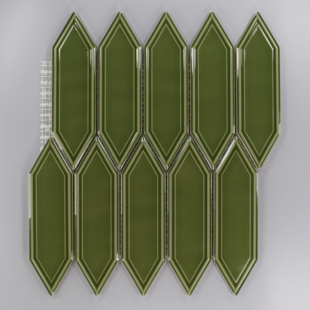 Glossy Dark Olive Green Ceramic Picket Tile Backsplash