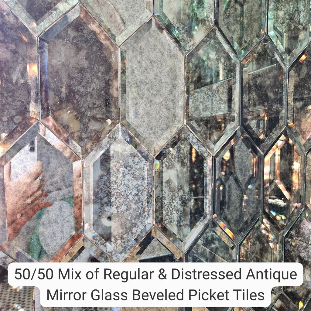 Distressed Antique Mirror Glass Tile in 4x8" Beveled Picket (Stretched Hexagon) - TileBuys