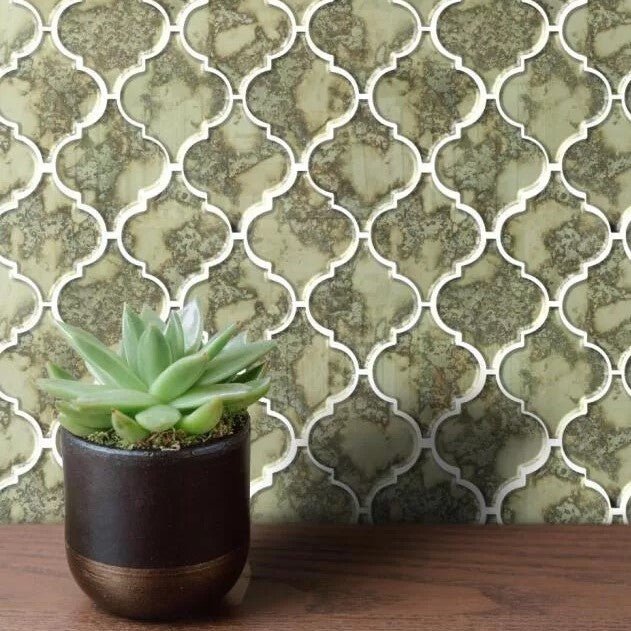 Distressed Antique Mirror Glass Tile in Arabesque Lanterns Mosaic - TileBuys