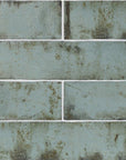Closeup of aqua distressed ceramic subway tile backsplash