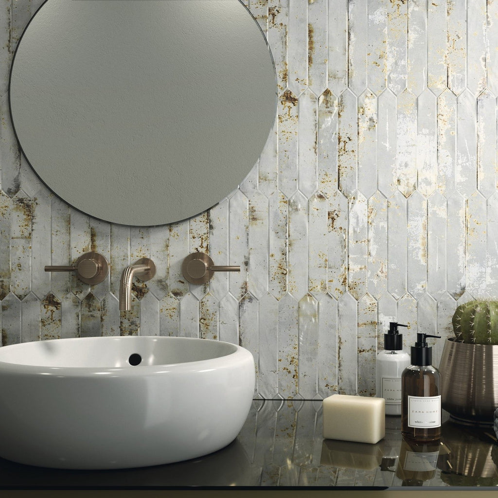 Distressed Rustic White & Rust Red Ceramic Picket Tile Backsplash - TileBuys