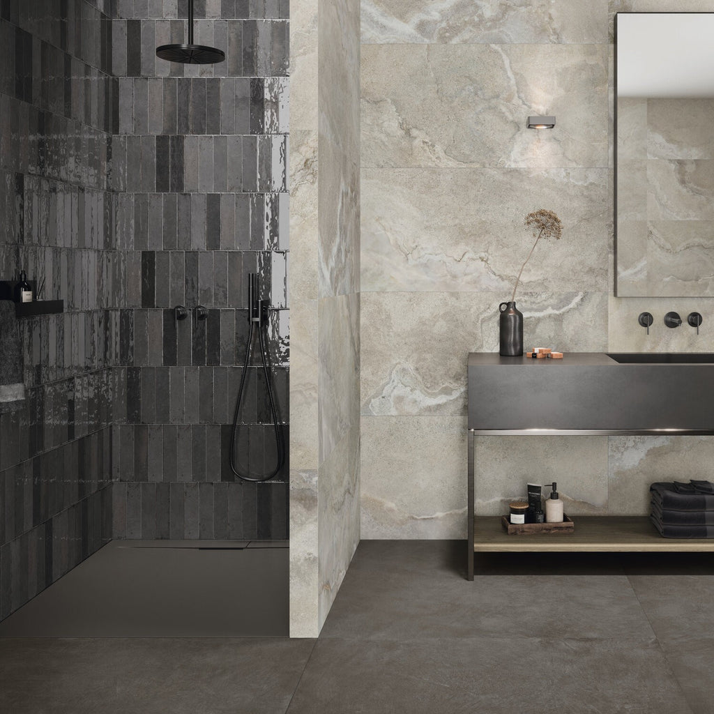 Distressed Charcoal Black 3x11 Porcelain Subway Tile Shower Wall