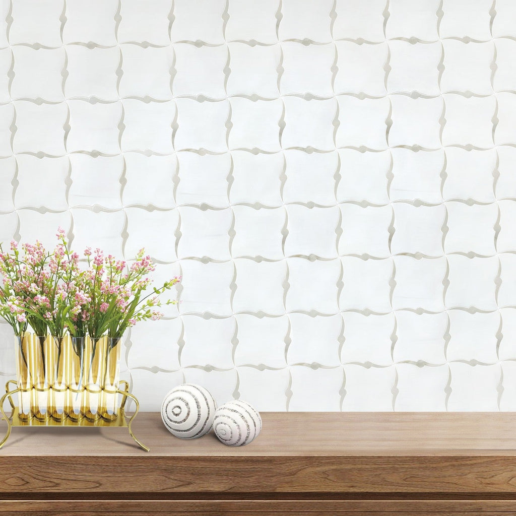 Accent Wall Featuring Dolomite and Calacatta Marble Waterjet Mosaic Tile