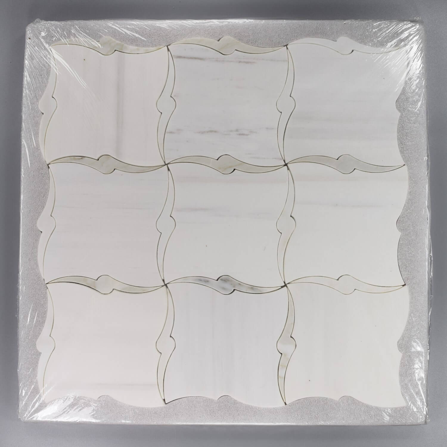 Dolomite and Calacatta Marble Waterjet Mosaic Tile in Packaging