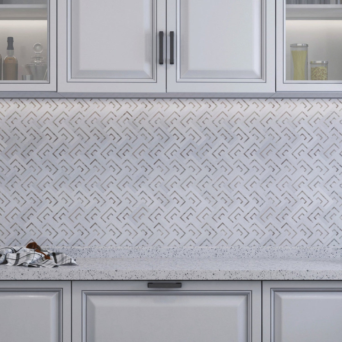 Savoy Dolomite and Wooden White Marble Geometric Mosaic Tile Backsplash
