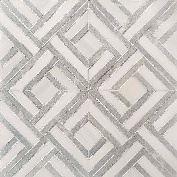 Dolomite & Blue Celeste Marble Lattice Weave Waterjet Mosaic Tile - TileBuys