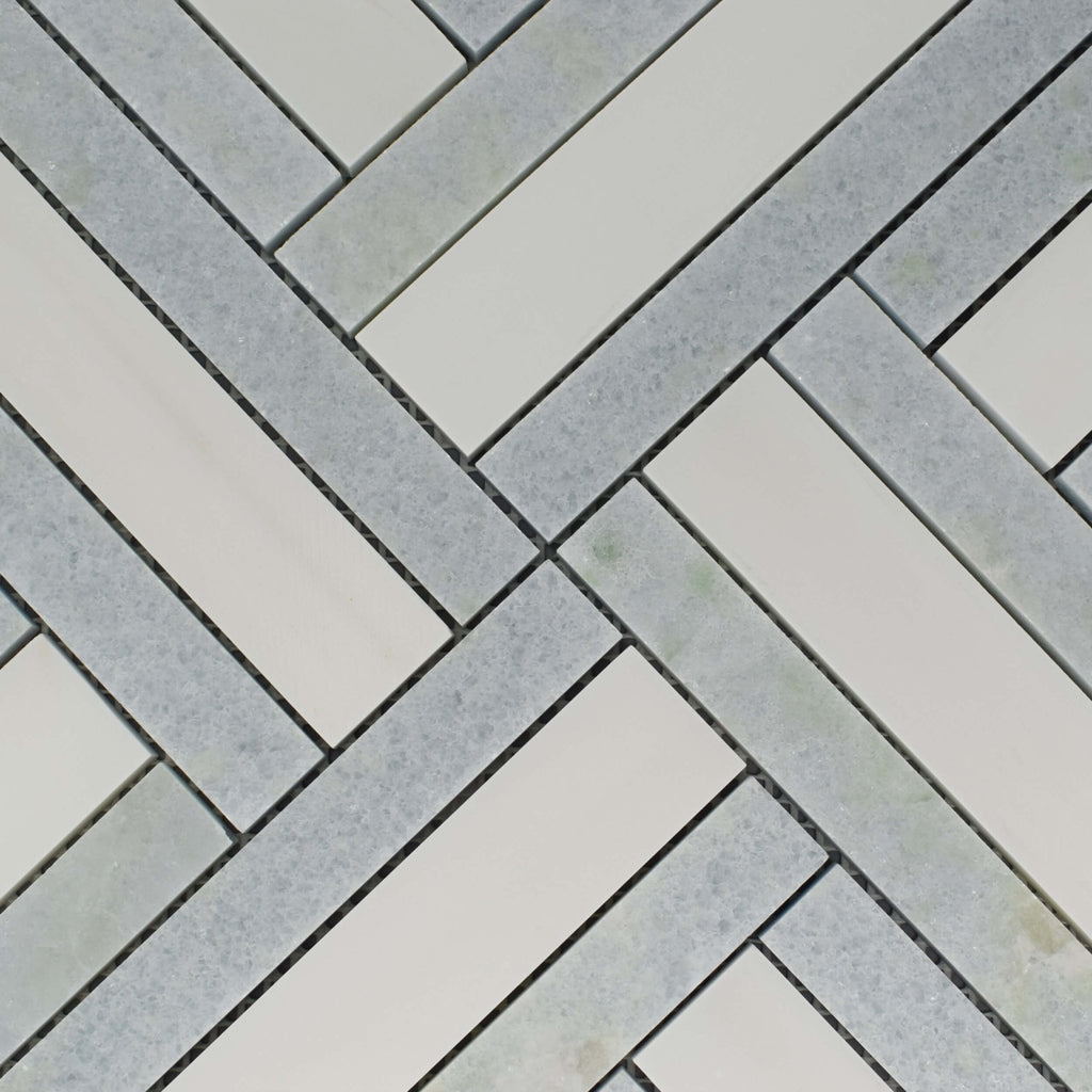 Dolomite & Blue Celeste Marble Lattice Weave Waterjet Mosaic Tile - TileBuys