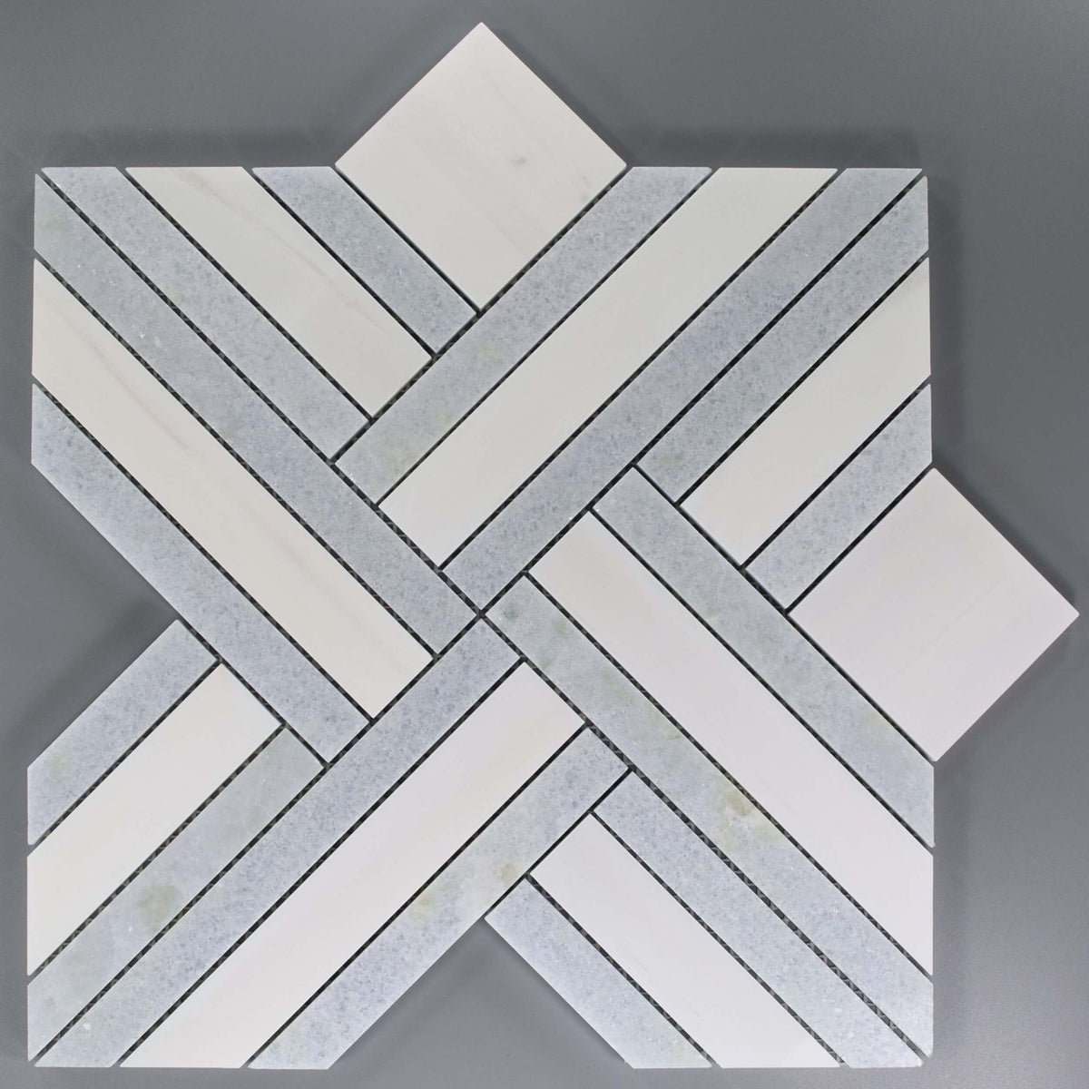 Dolomite &amp; Blue Celeste Marble Lattice Weave Waterjet Mosaic Tile - TileBuys