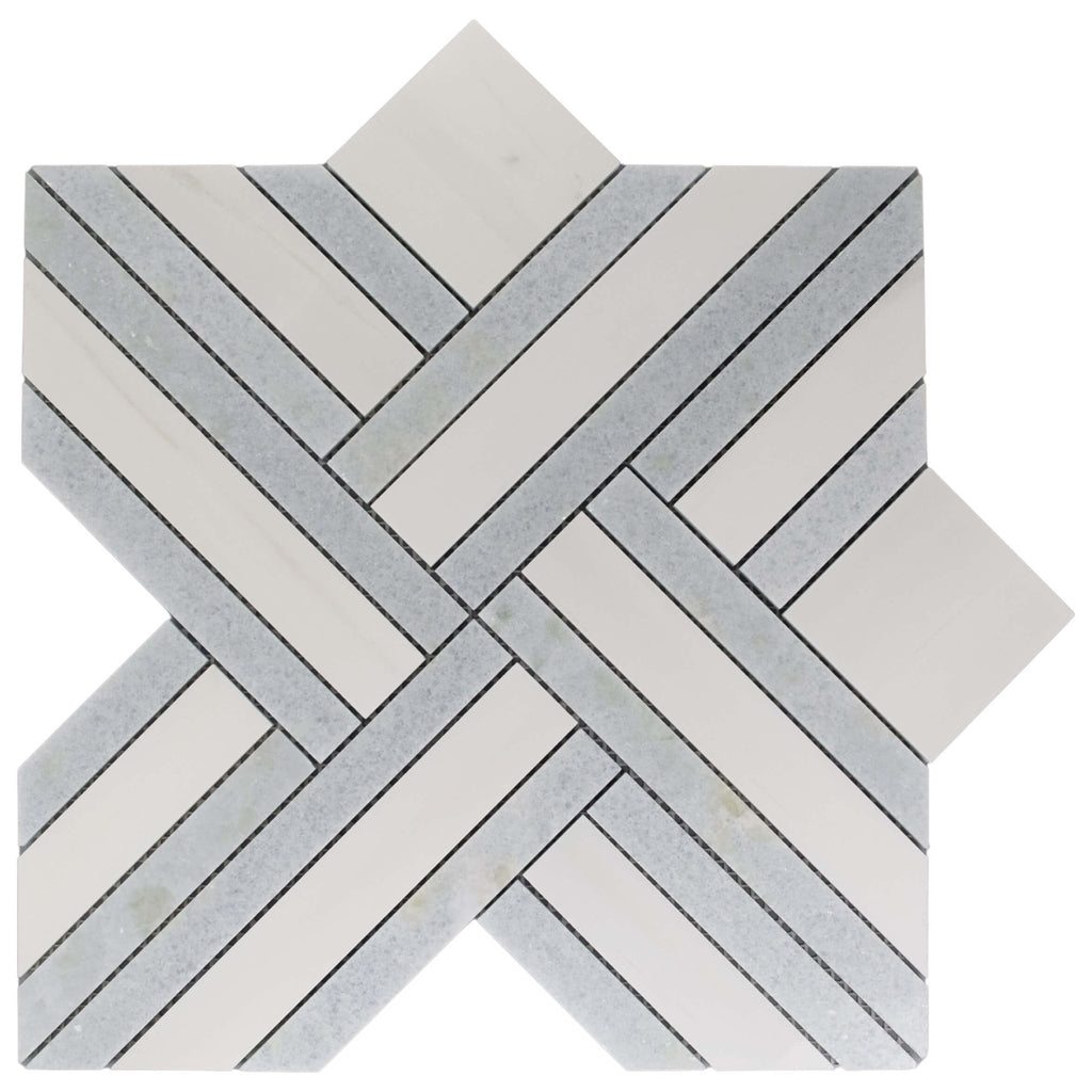 Dolomite & Blue Celeste Marble Lattice Weave Waterjet Mosaic Tile - TileBuys