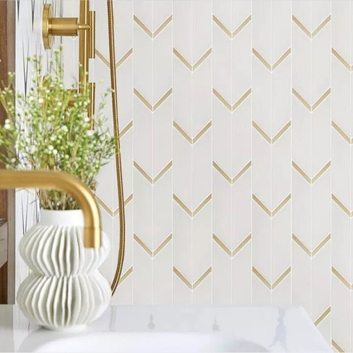 Dolomite White and Gold Metal Arrow Art Deco Tile Backsplash - TileBuys
