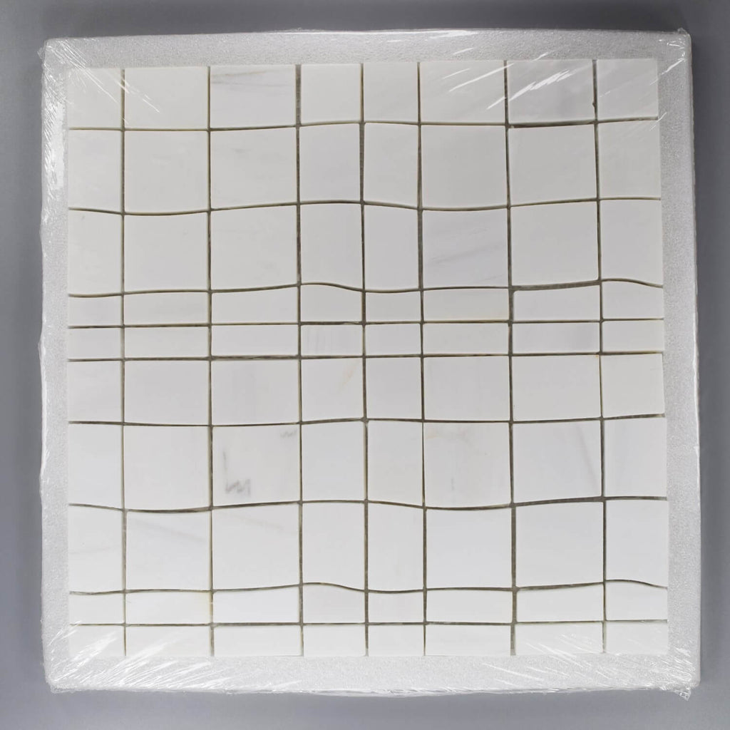 Dolomite White Irregular Squares Waterjet Mosaic Tile in Packaging