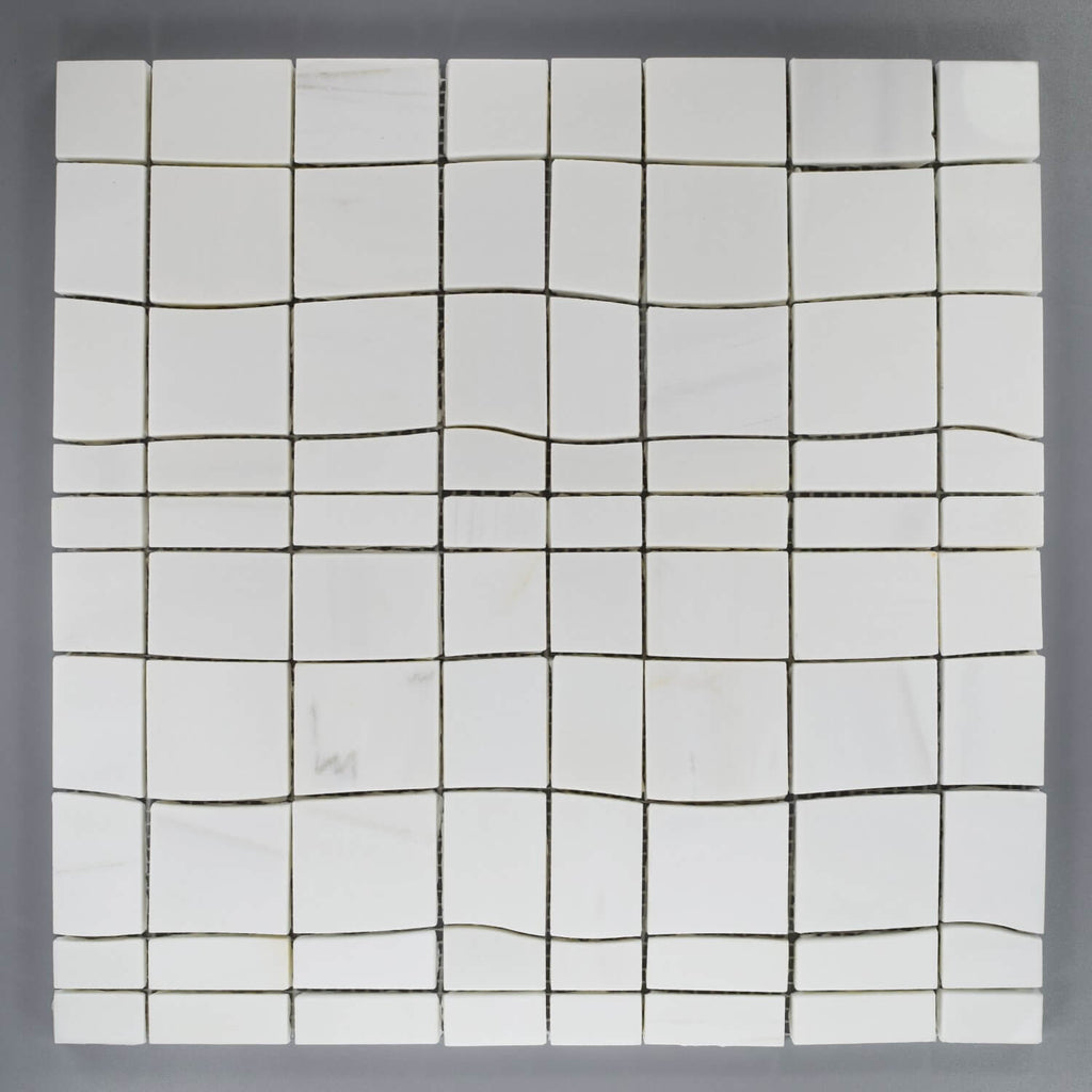 Dolomite White Irregular Squares Waterjet Mosaic Tile on Gray Background