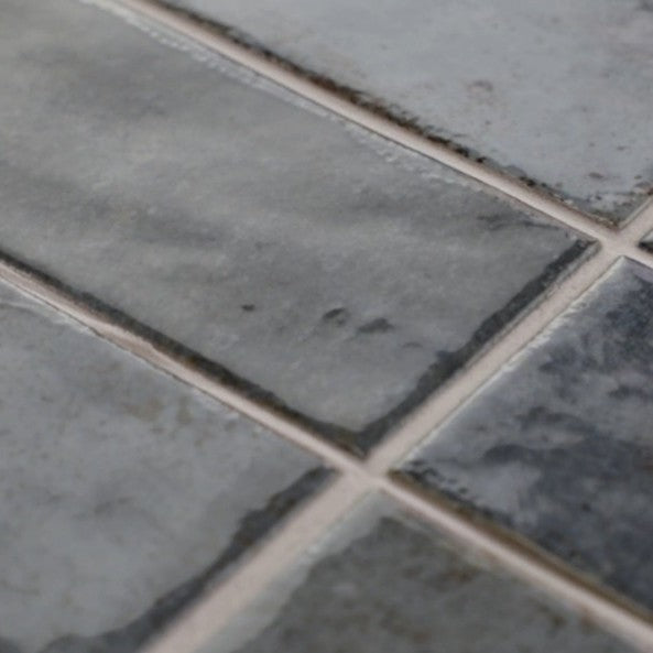 Closeup of Dusty Blue 2x8 Ceramic Wall Tiles