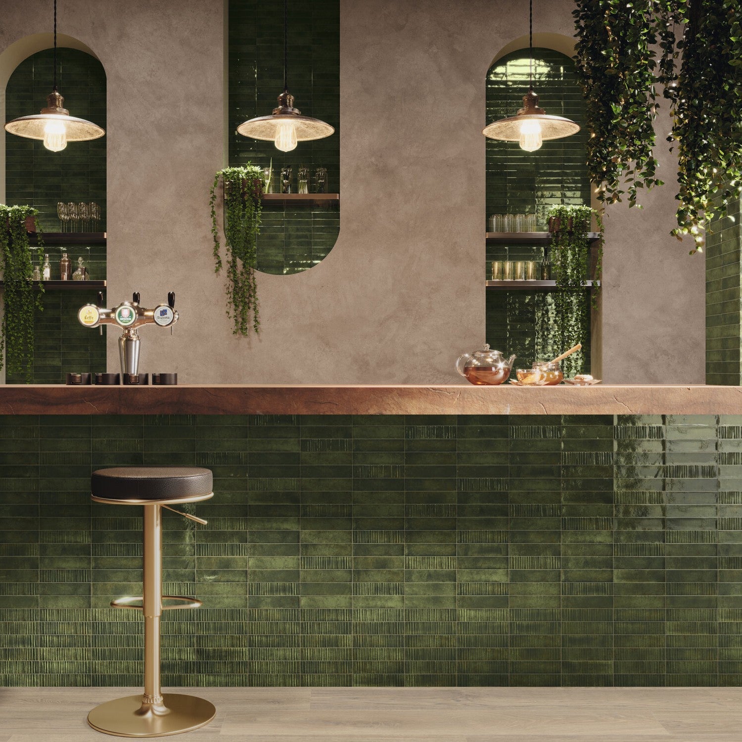 Bar Tiled with Mix of Regular and Textured Green Subway Tiles