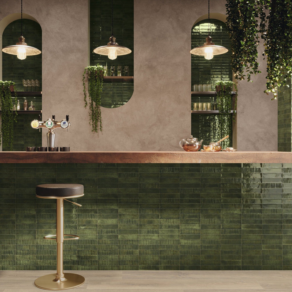 Bar Tiled with Mix of Regular and Textured Green Subway Tiles