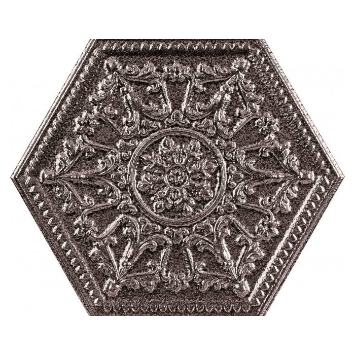 Closeup of Hexagon Shaped Tile with Embossed Antique Copper Design